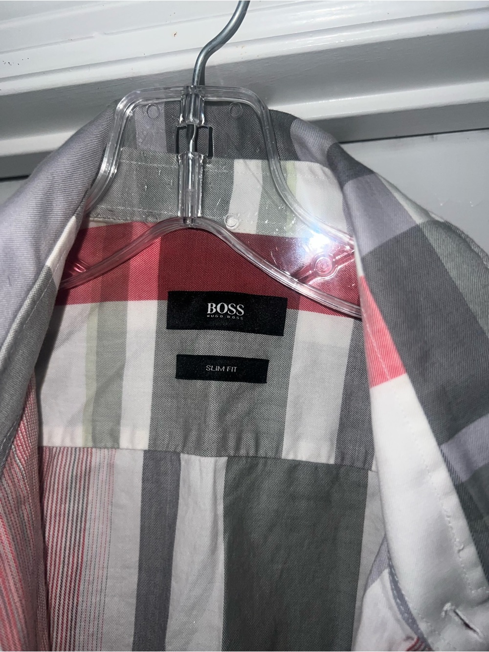 BOSS Plaid Button-Up Shirt in Red, Gray & White - Picture 2 of 5